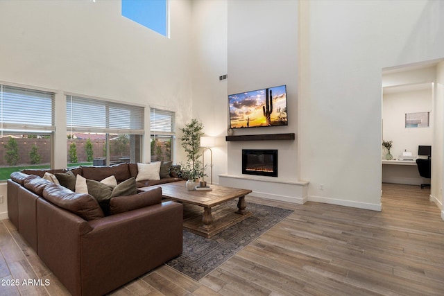 5661 S Dante, Mesa, AZ 85212 - living area with a high ceiling, a glass covered fireplace, wood finished floors, and baseboards