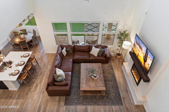 5661 S Dante, Mesa, AZ 85212 - living room featuring baseboards, a lit fireplace, and wood finished floors