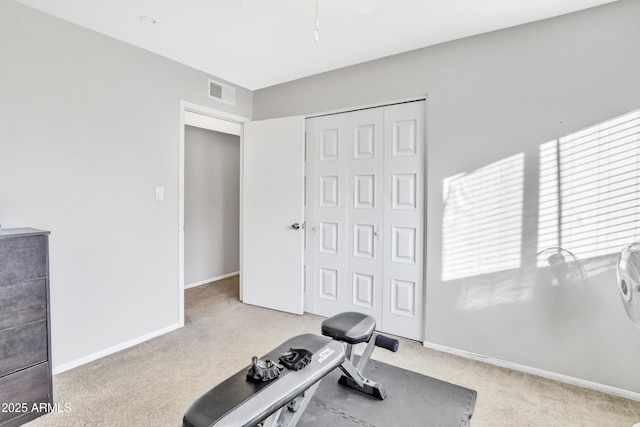 exercise room featuring carpet flooring