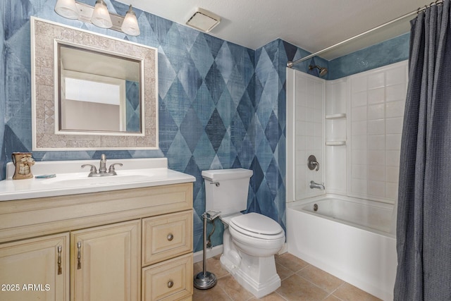 full bathroom with toilet, tile patterned floors, shower / bathtub combination with curtain, and vanity