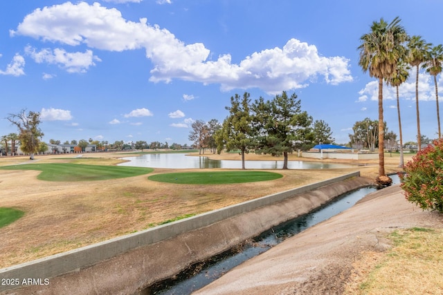 view of community featuring a water view and a yard