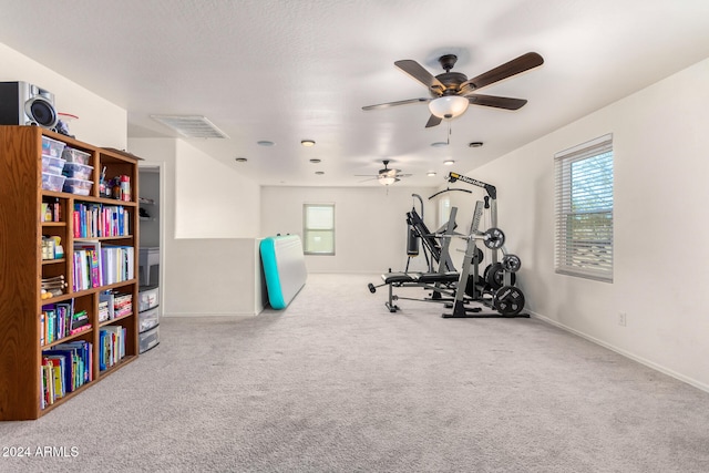 exercise room featuring light carpet, plenty of natural light, and ceiling fan