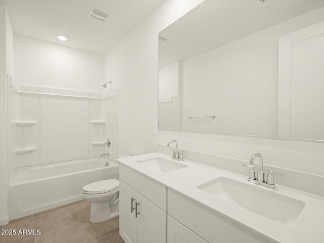 bathroom featuring toilet, tile patterned flooring, shower / washtub combination, double vanity, and recessed lighting