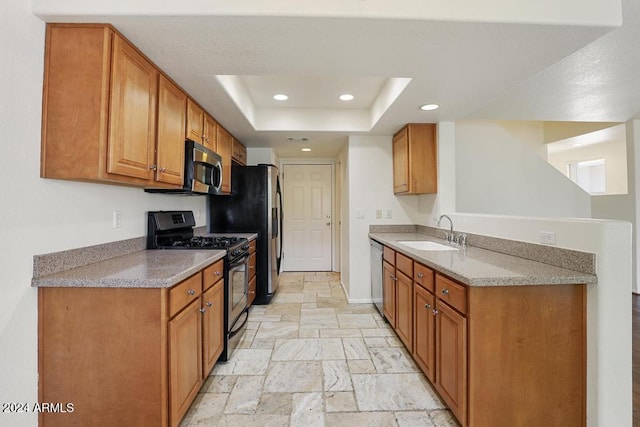 kitchen featuring light stone countertops, stainless steel appliances, a raised ceiling, and sink