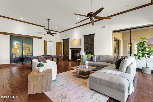 14760 E Paradise Dr, Fountain Hills, AZ 85268 - living area with a ceiling fan, a high ceiling, recessed lighting, billiards, and wood finished floors