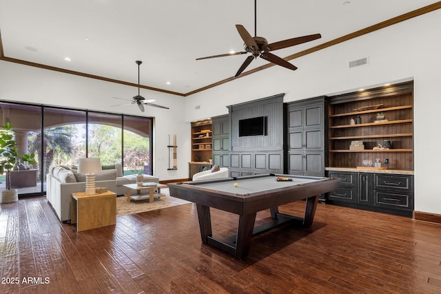 14760 E Paradise Dr, Fountain Hills, AZ 85268 - playroom with a towering ceiling, a ceiling fan, pool table, ornamental molding, and dark wood-style floors