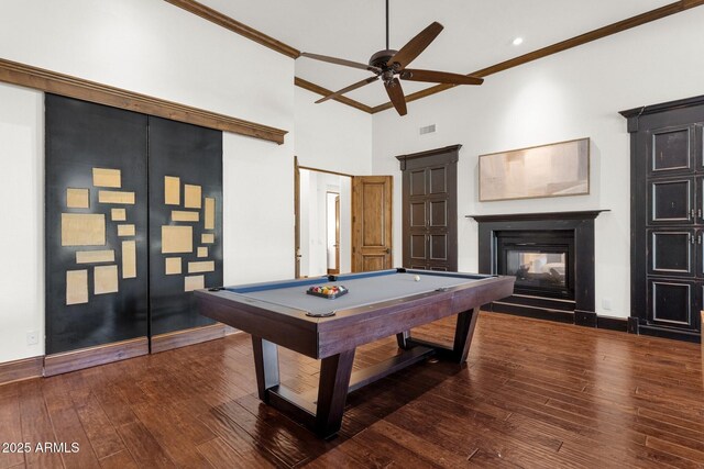 14760 E Paradise Dr, Fountain Hills, AZ 85268 - rec room with billiards table, crown molding, ceiling fan, dark wood-style floors, and a multi sided fireplace