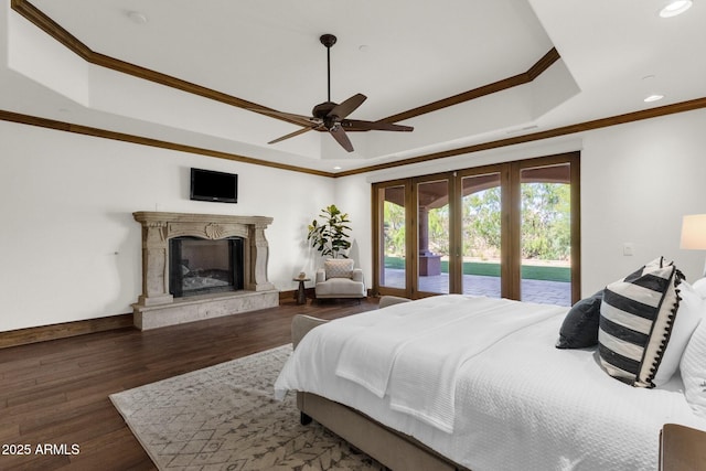 14760 E Paradise Dr, Fountain Hills, AZ 85268 - bedroom with access to exterior, ornamental molding, a raised ceiling, french doors, and wood finished floors