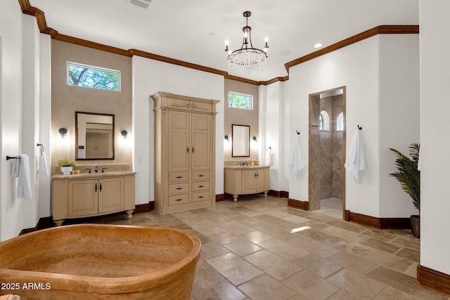 14760 E Paradise Dr, Fountain Hills, AZ 85268 - bathroom featuring baseboards, healthy amount of natural light, ornamental molding, a walk in shower, and a chandelier