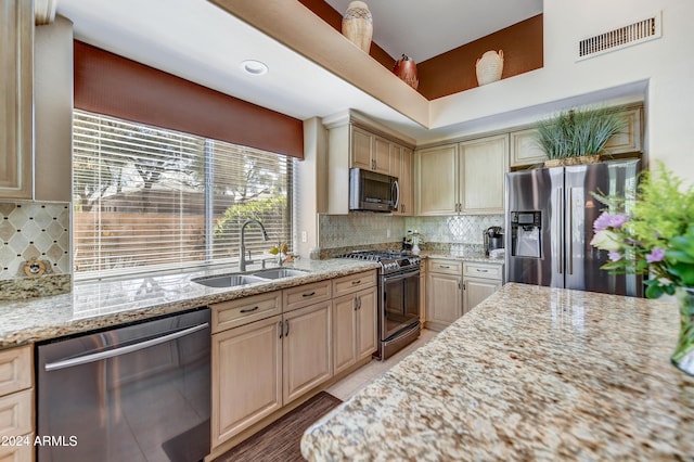 kitchen featuring tasteful backsplash, stainless steel appliances, light stone countertops, and sink