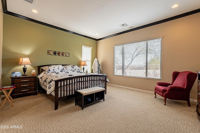 carpeted bedroom featuring ornamental molding, recessed lighting, visible vents, and baseboards