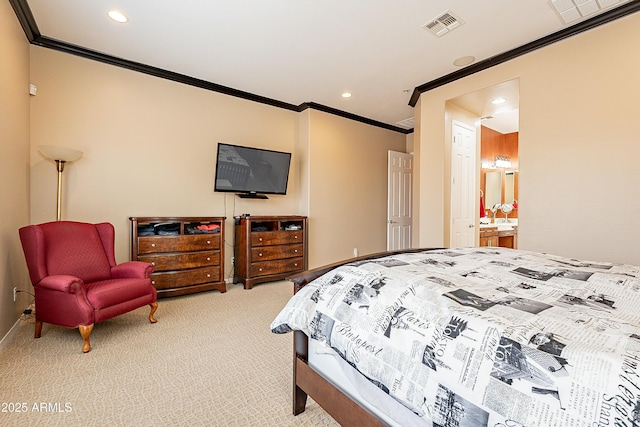 bedroom featuring carpet floors, recessed lighting, visible vents, and ornamental molding