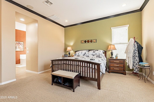 bedroom featuring carpet floors, crown molding, recessed lighting, visible vents, and baseboards