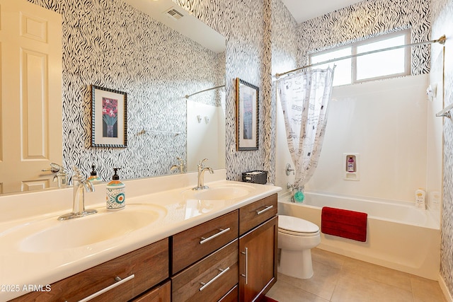 full bathroom with tile patterned flooring, a sink, visible vents, and wallpapered walls