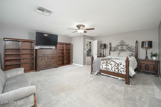 bedroom with a ceiling fan, carpet, visible vents, and baseboards