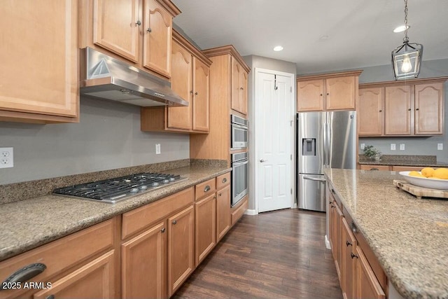 kitchen featuring pendant lighting, under cabinet range hood, dark wood finished floors, recessed lighting, and appliances with stainless steel finishes