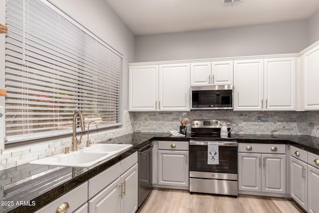 1925 W Olive Way, Chandler, AZ 85248 - kitchen with appliances with stainless steel finishes, a sink, dark countertops, white cabinetry, and tasteful backsplash