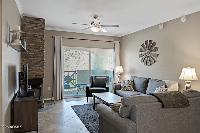 3236 E Chandler Blvd Unit 2018, Phoenix, AZ 85048 - living room with a ceiling fan, crown molding, a fireplace, and light tile patterned flooring