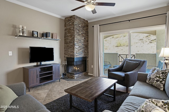 3236 E Chandler Blvd Unit 2018, Phoenix, AZ 85048 - living room with crown molding, a ceiling fan, and a fireplace