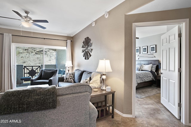 3236 E Chandler Blvd Unit 2018, Phoenix, AZ 85048 - living area featuring ceiling fan, ornamental molding, and tile patterned flooring