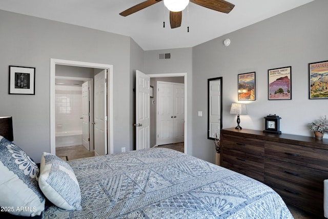 3236 E Chandler Blvd Unit 2018, Phoenix, AZ 85048 - bedroom with a ceiling fan and ensuite bath