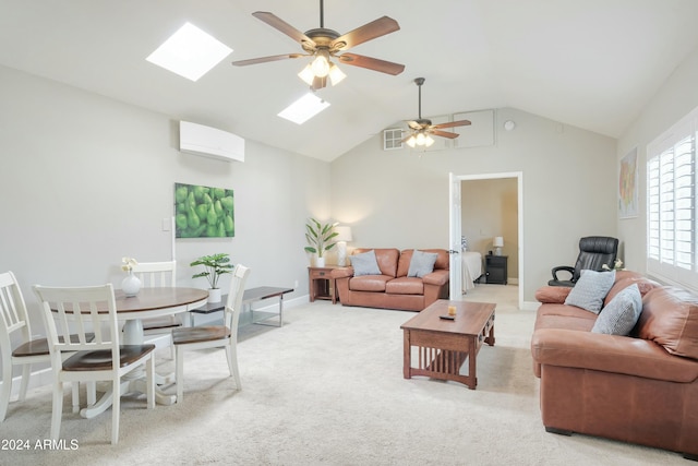 living room with light carpet, a wall mounted air conditioner, vaulted ceiling, and ceiling fan