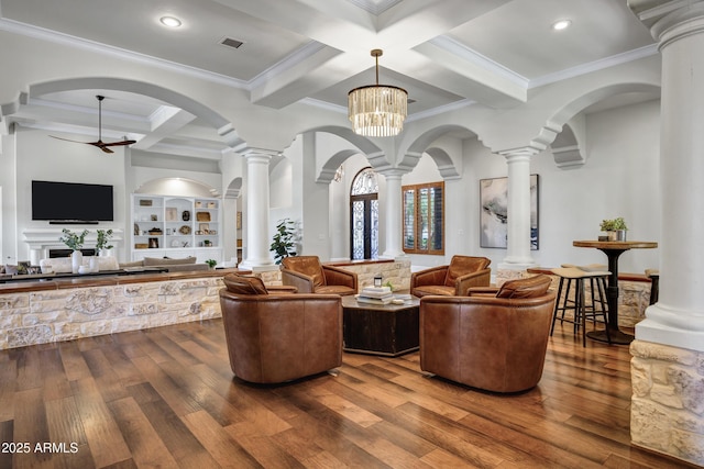 2527 E Beechnut Ct, Chandler, AZ 85249 - common area featuring coffered ceiling, crown molding, beamed ceiling, and recessed lighting