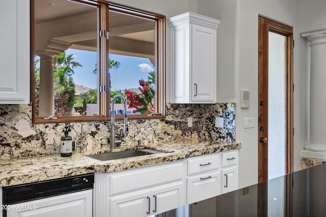 2527 E Beechnut Ct, Chandler, AZ 85249 - kitchen with ornate columns, dishwasher, a sink, decorative backsplash, and white cabinetry