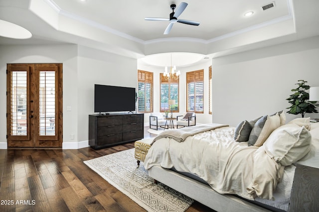 2527 E Beechnut Ct, Chandler, AZ 85249 - bedroom with a chandelier, dark wood finished floors, baseboards, a tray ceiling, and recessed lighting