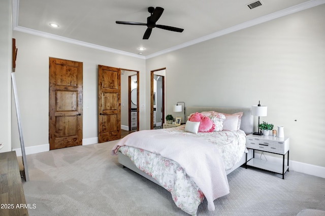 2527 E Beechnut Ct, Chandler, AZ 85249 - carpeted bedroom with crown molding, baseboards, recessed lighting, and a ceiling fan
