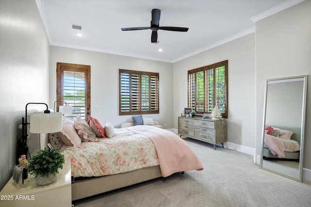 2527 E Beechnut Ct, Chandler, AZ 85249 - bedroom featuring crown molding, carpet floors, baseboards, recessed lighting, and a ceiling fan