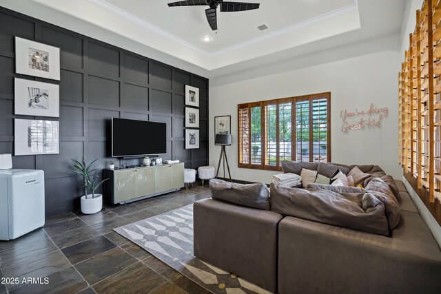 2527 E Beechnut Ct, Chandler, AZ 85249 - living area featuring a ceiling fan and ornamental molding