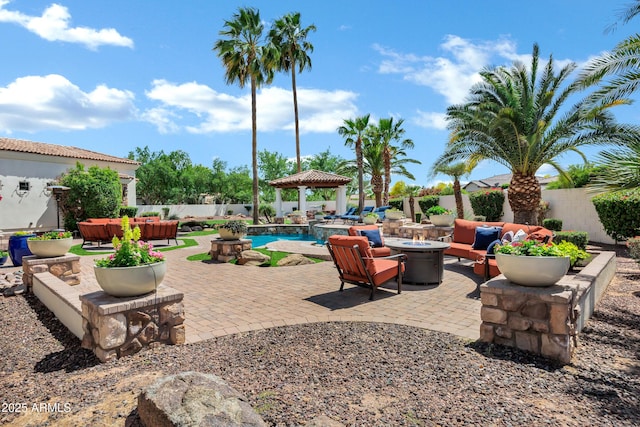 2527 E Beechnut Ct, Chandler, AZ 85249 - view of patio with an outdoor living space with a fire pit, a gazebo, and fence