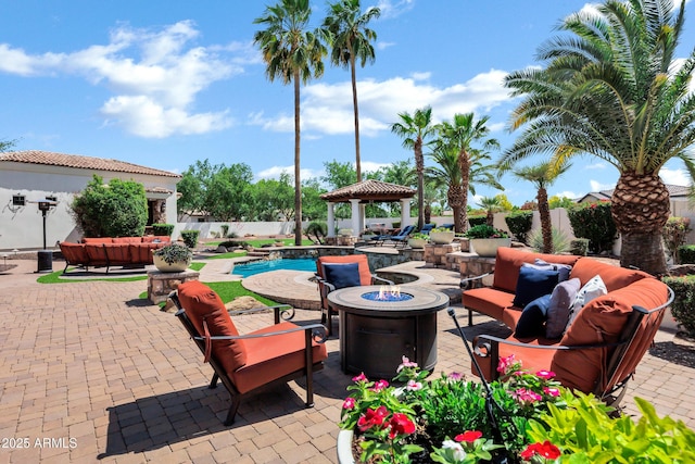 2527 E Beechnut Ct, Chandler, AZ 85249 - view of patio / terrace featuring a gazebo, an outdoor living space with a fire pit, and fence