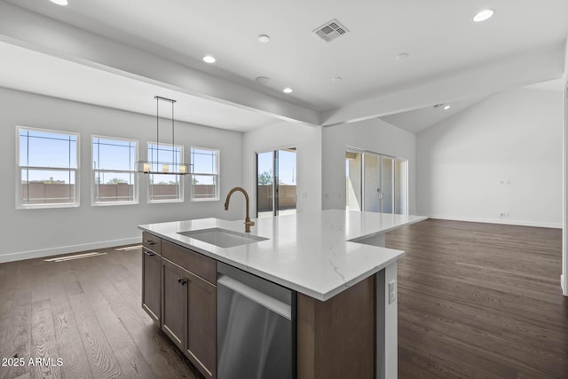 kitchen featuring a sink, visible vents, baseboards, dishwasher, and dark wood finished floors