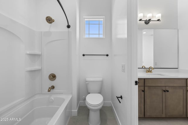 full bathroom featuring shower / bathtub combination, tile patterned flooring, toilet, vanity, and baseboards