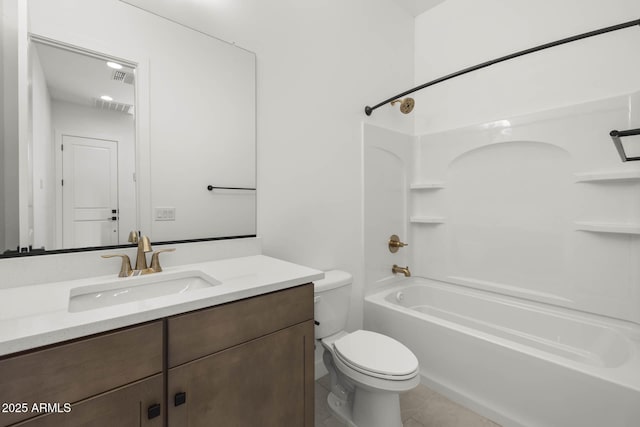 full bathroom with visible vents, shower / bathing tub combination, vanity, and toilet