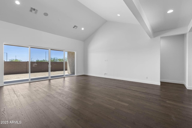 unfurnished living room with dark wood-style flooring, recessed lighting, visible vents, high vaulted ceiling, and baseboards