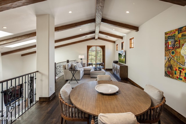 dining space with dark hardwood / wood-style flooring and vaulted ceiling with beams