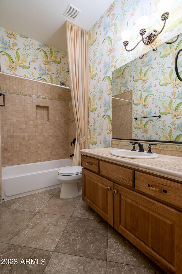 full bathroom with toilet, tile flooring, shower / bathtub combination with curtain, and vanity