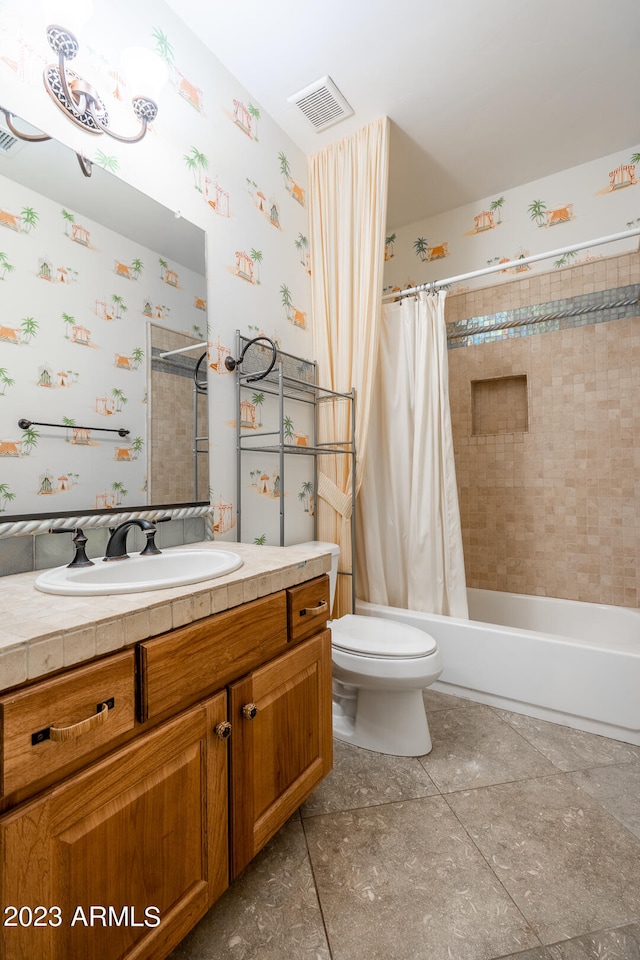 full bathroom with toilet, shower / tub combo with curtain, vanity, and tile flooring