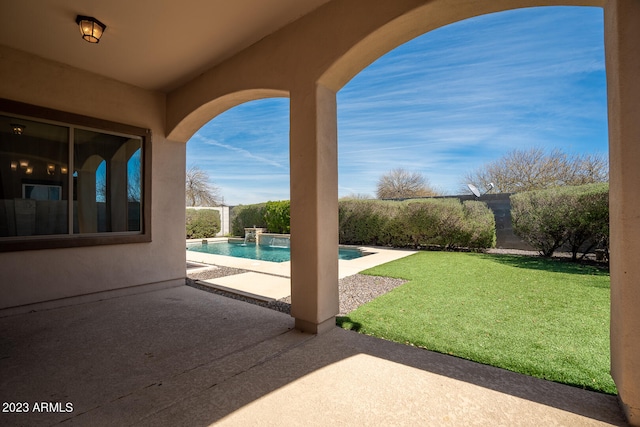 view of terrace featuring a fenced in pool