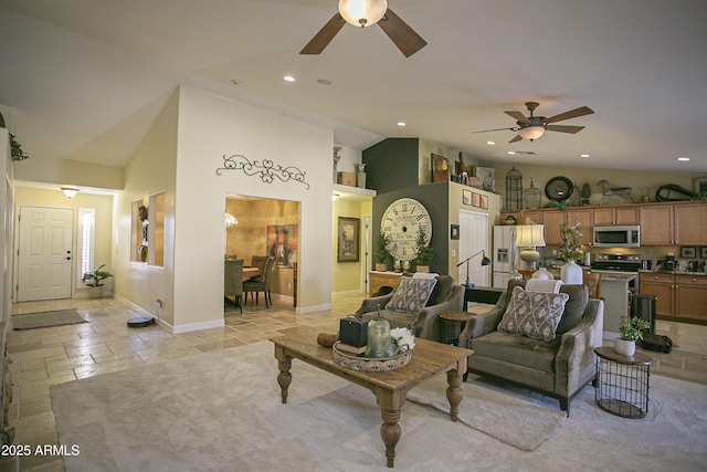 living room featuring ceiling fan and high vaulted ceiling