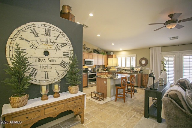 kitchen with ceiling fan, a wealth of natural light, appliances with stainless steel finishes, and a center island