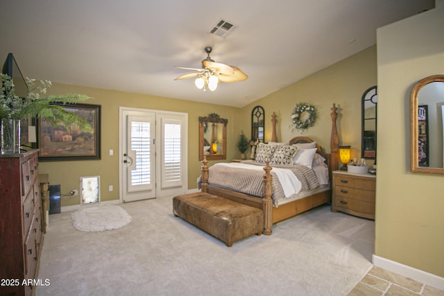 bedroom with ceiling fan, lofted ceiling, access to exterior, and carpet flooring