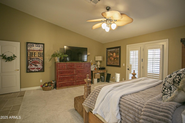 bedroom with ceiling fan, access to exterior, carpet floors, and lofted ceiling