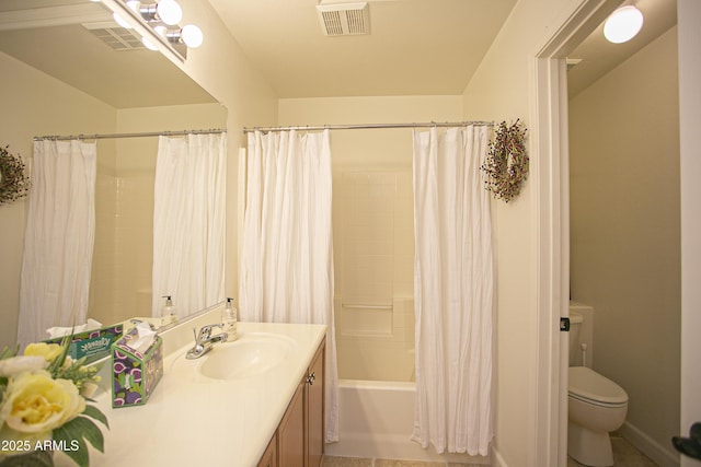 full bathroom featuring toilet, shower / bath combination with curtain, and vanity