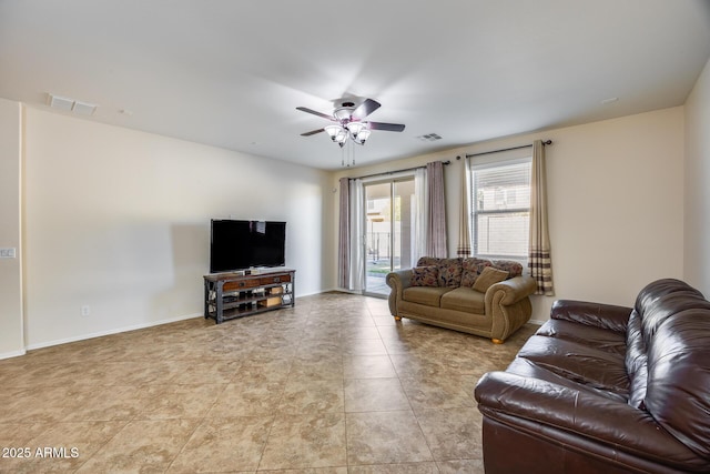 living room with ceiling fan