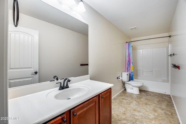 full bathroom with vanity, toilet, and shower / bath combo with shower curtain