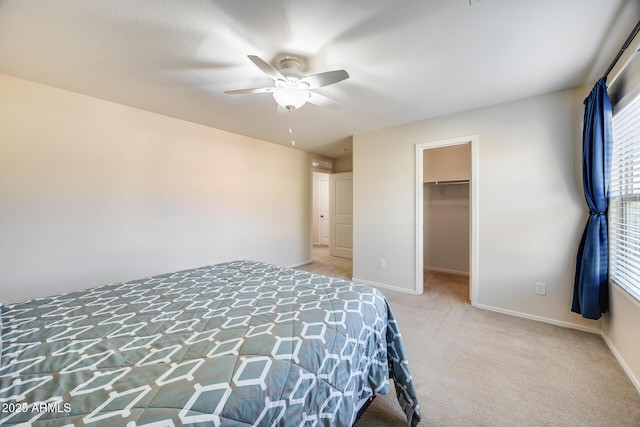 bedroom featuring ceiling fan, a spacious closet, a closet, and carpet flooring